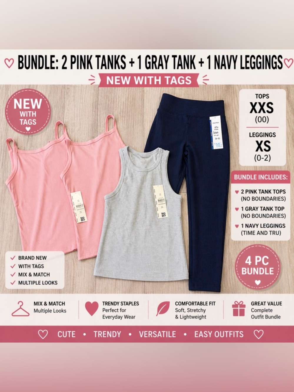 NWT 4pc Outfit Bundle XS/XXS – 2 Pink Tanks + Gray Tank + Navy Leggings